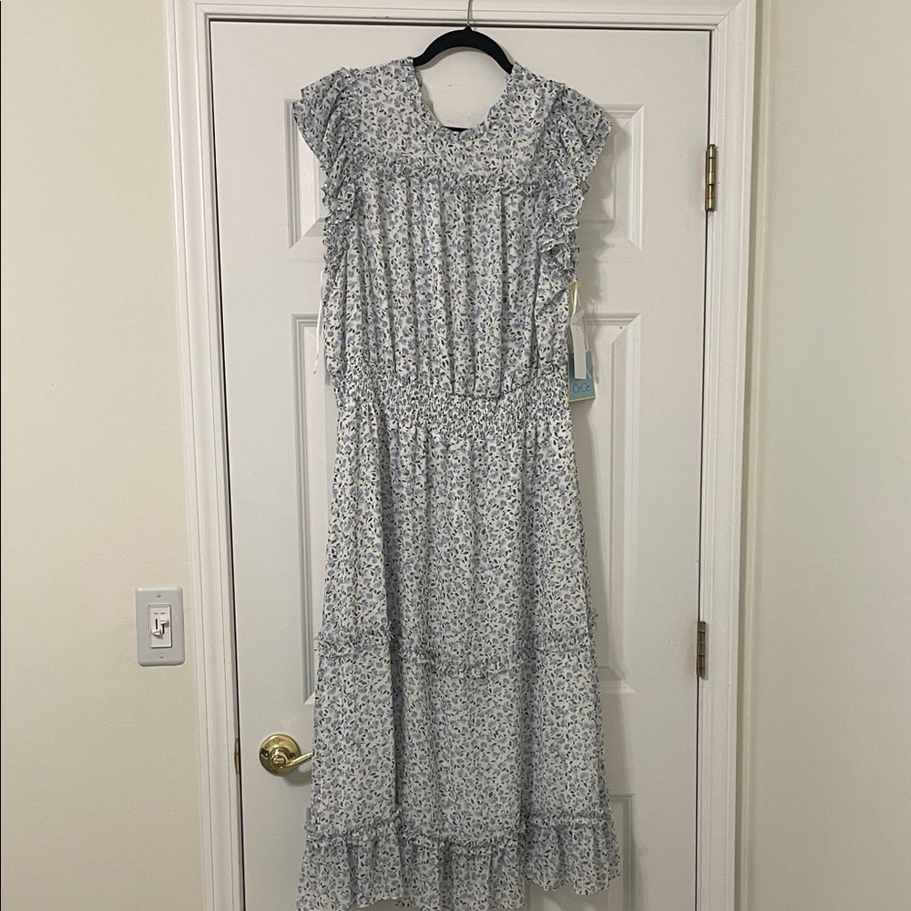 CeCe Floral Ruffle Midi Dress - Soft Blue 2X NWT